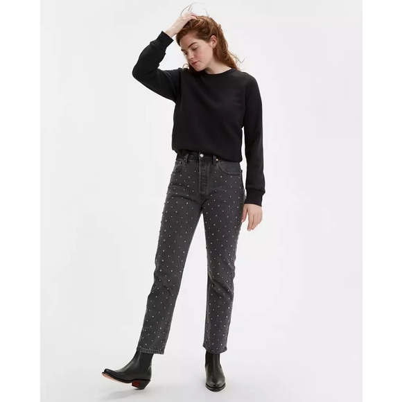 Levi's 501 Gray Studded Premium Denim Cropped Leg Jean Straight Leg Grunge Sz 25 - Picture 5 of 11